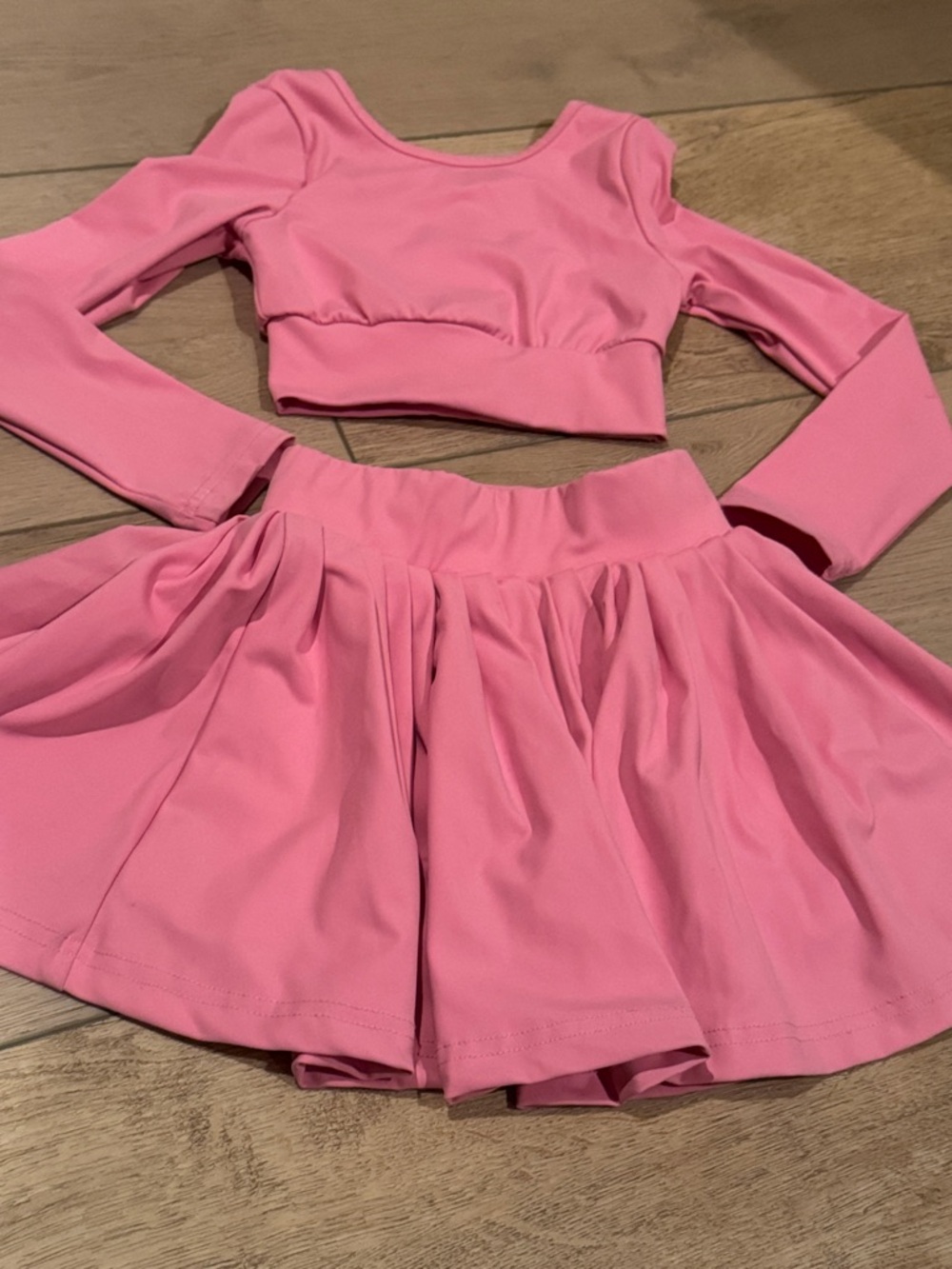 Girls Pink Dance Matching Set - Long Sleeve Crop Top & Skirt